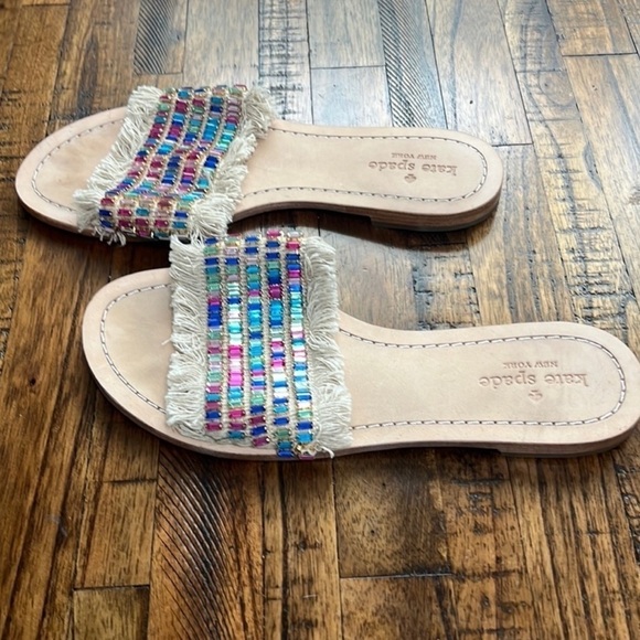 Kate Spade Sandal Raffia Natural Canvas multicolor jewel details size 8 - Picture 5 of 11